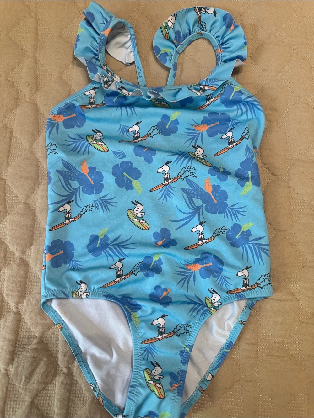 Zara Girls Blue Snoopy Surf Print One-Piece Swimsuit with Ruffle Straps